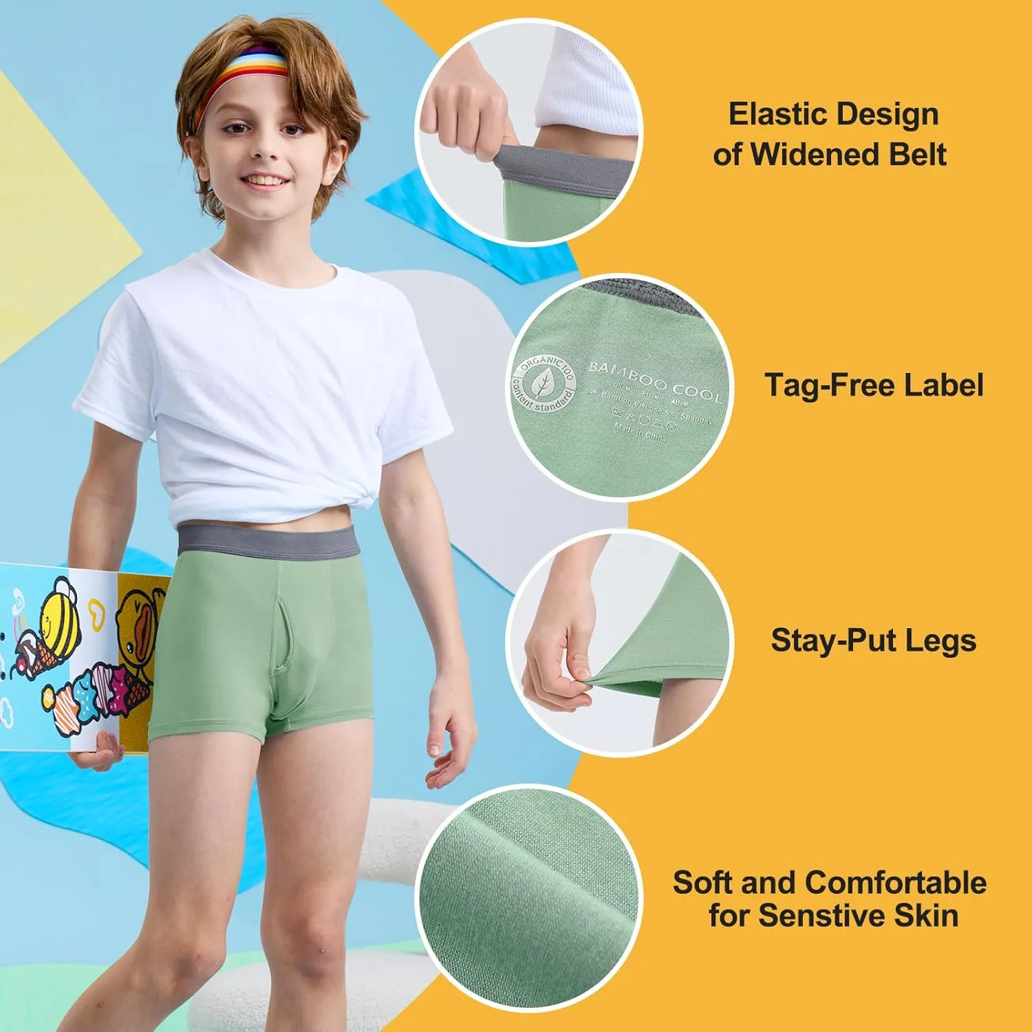 BAMBOO COOL Boys' Boxer Briefs 6-18Y Underwear Moisture-Wicking Lightweight and Ultra Soft 6-Pack