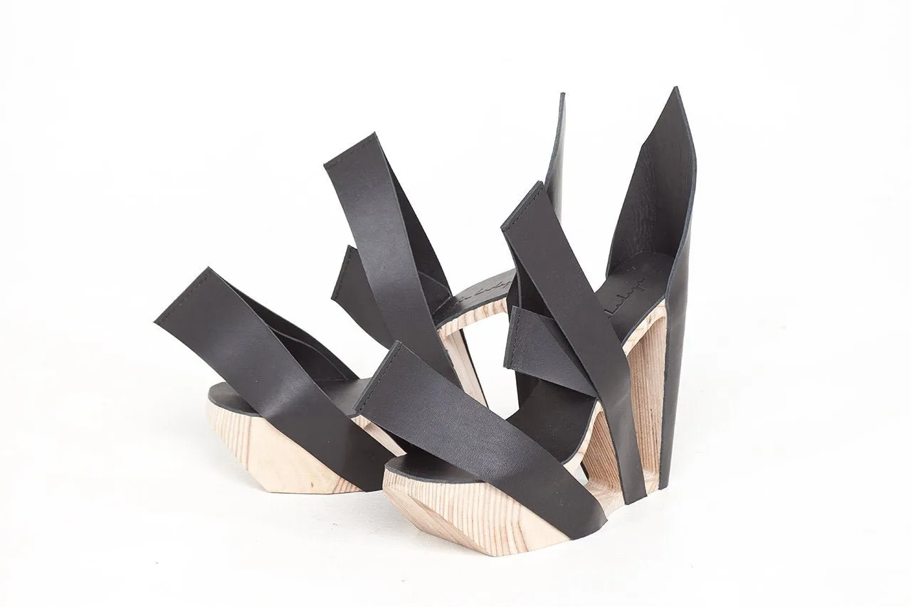 Black Leather and Birch Wood Heels