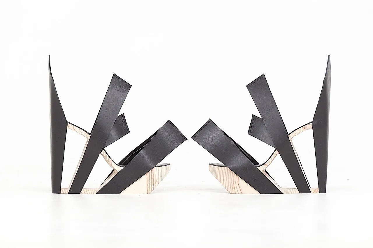 Black Leather and Birch Wood Heels