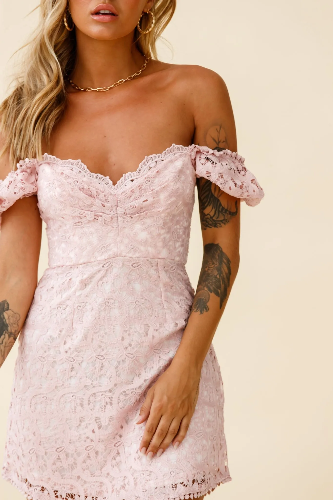 Costa Mesa Puff Sleeve Lace Overlay Dress Pink
