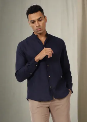 Craig - Pure Linen V Neck Full Sleeve Shirt - Dark Blue