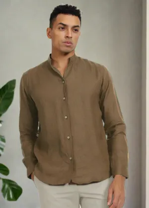 Craig - Pure Linen V Neck Full Sleeve Shirt - Hazelnut Brown