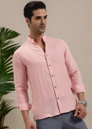Craig - Pure Linen V Neck Full Sleeve Shirt - Salmon Pink