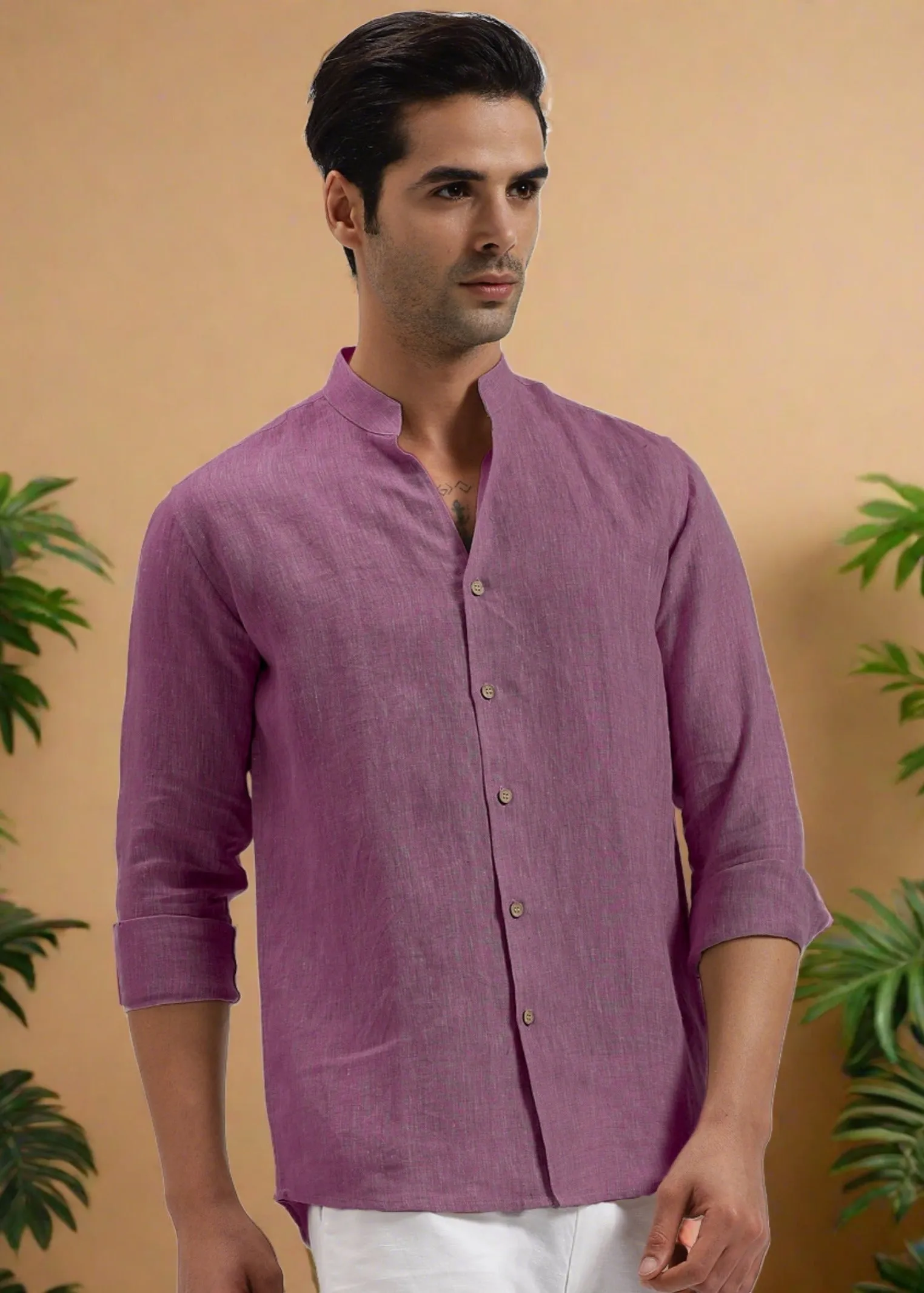 Craig - Pure Linen V Neck Full Sleeve Shirt - Twilight Purple