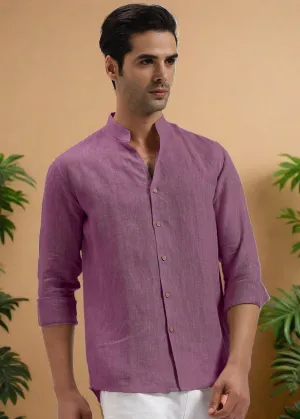 Craig - Pure Linen V Neck Full Sleeve Shirt - Twilight Purple