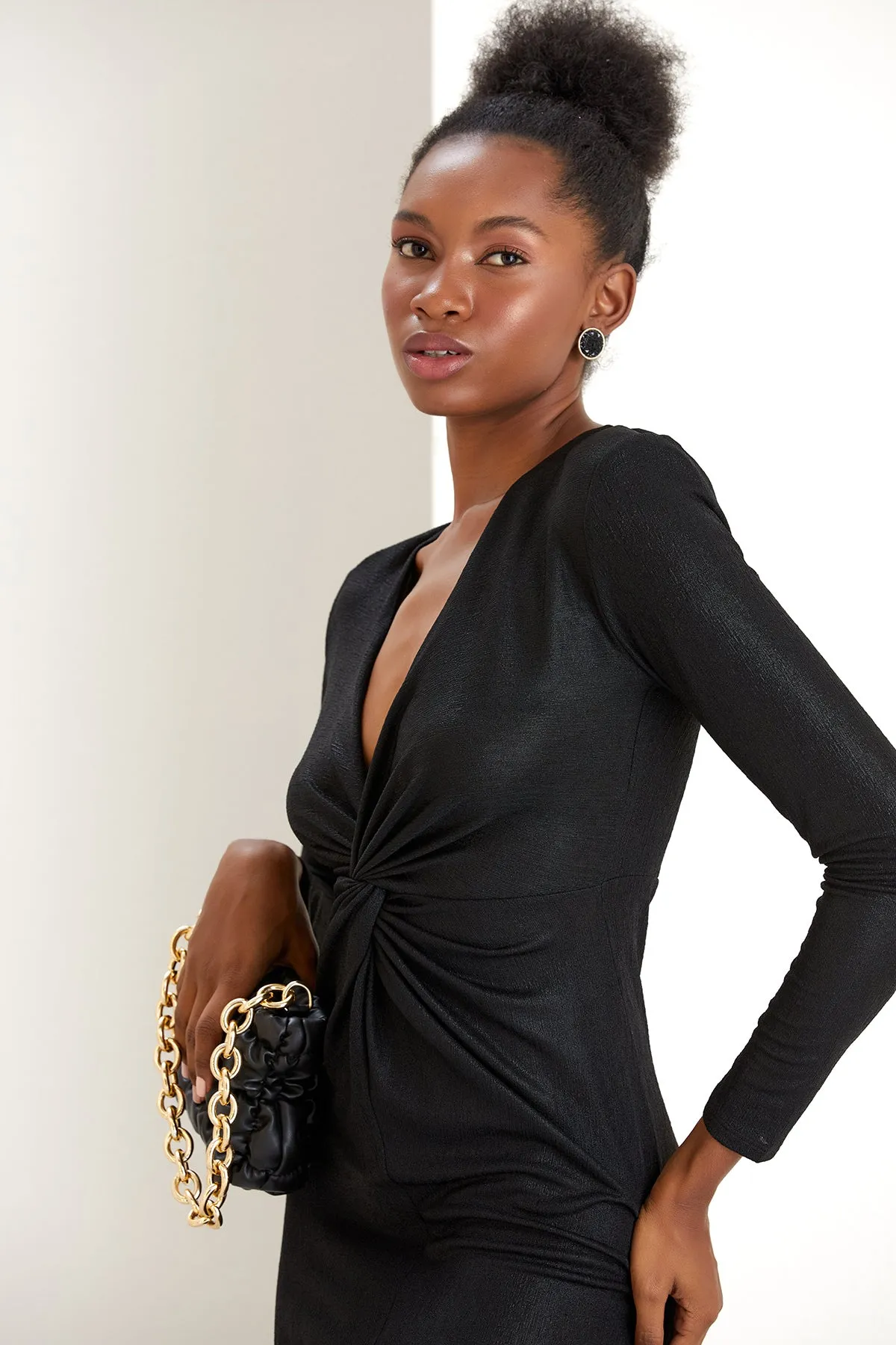 Glamorous Black Long Sleeve Twisted Maxi Dress