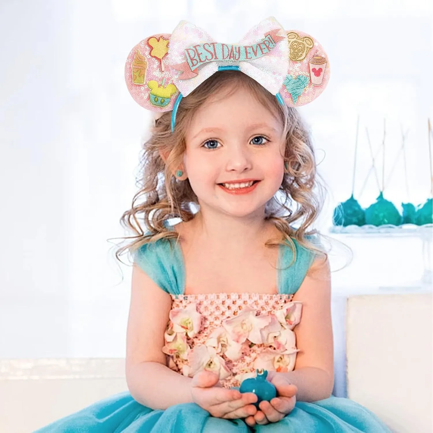 LYLIN Mouse Ears Headband, Pink Mouse Ears for Women Girls, Sparkle Birthday Park Ears Hair Accessories for Party Trips Birthday Decorations (Best Day Ever)