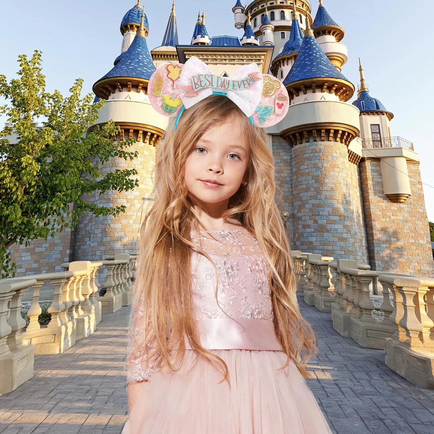 LYLIN Mouse Ears Headband, Pink Mouse Ears for Women Girls, Sparkle Birthday Park Ears Hair Accessories for Party Trips Birthday Decorations (Best Day Ever)