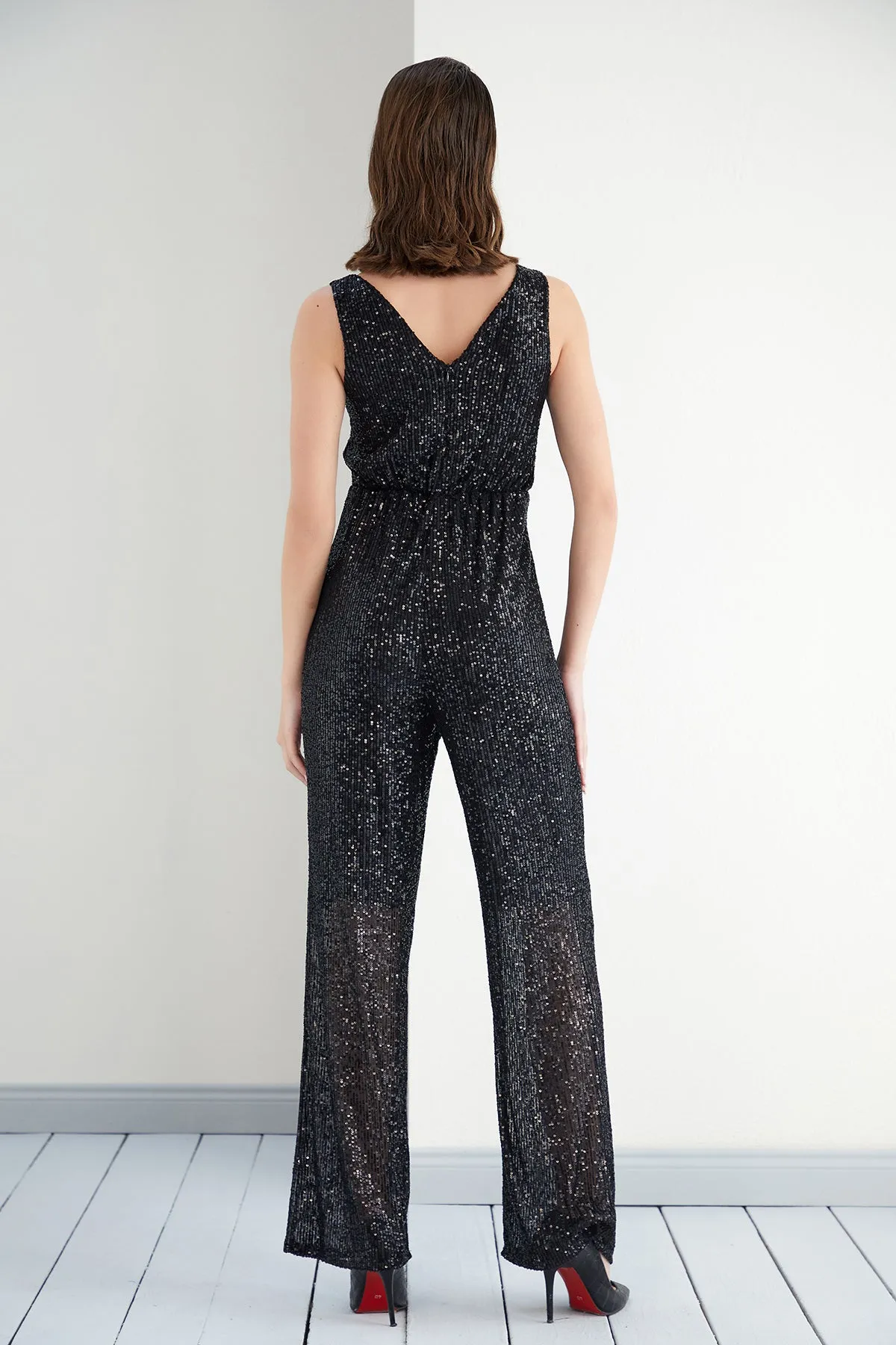 Midnight Glam Black Sparkle Wide Leg Jumpsuit
