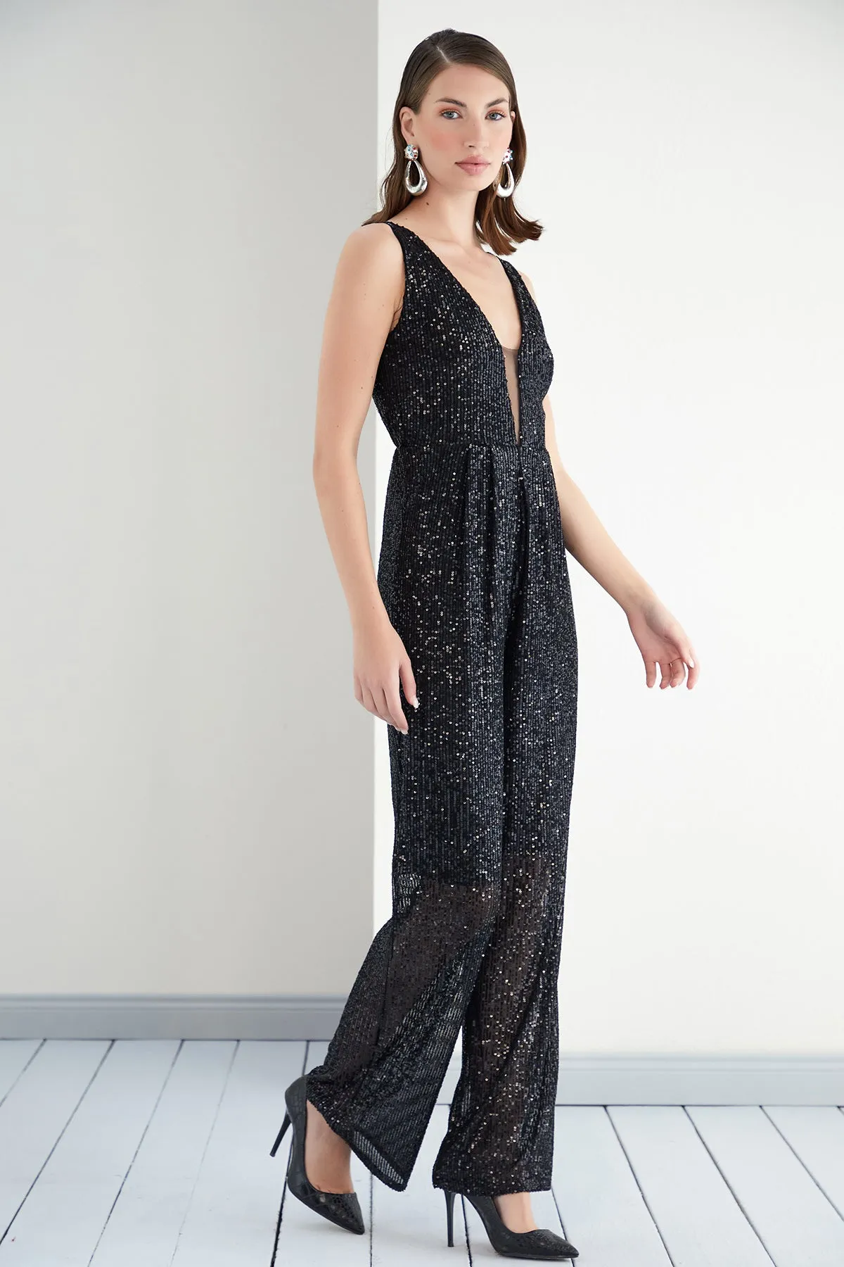 Midnight Glam Black Sparkle Wide Leg Jumpsuit