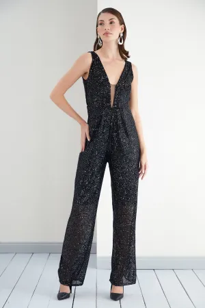 Midnight Glam Black Sparkle Wide Leg Jumpsuit