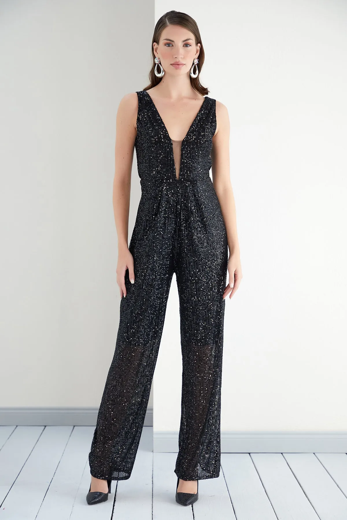 Midnight Glam Black Sparkle Wide Leg Jumpsuit