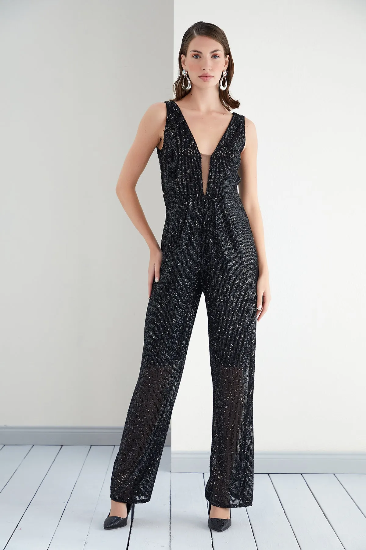 Midnight Glam Black Sparkle Wide Leg Jumpsuit