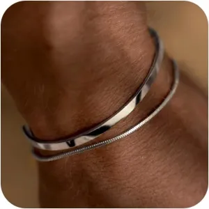 Moodear Stackable Bracelets for Men - Dainty 925 Sterling Silver/14K Gold Plated Cuff Snake Box Cuban Link Chain Bangle Bracelet Set Mens Jewelry