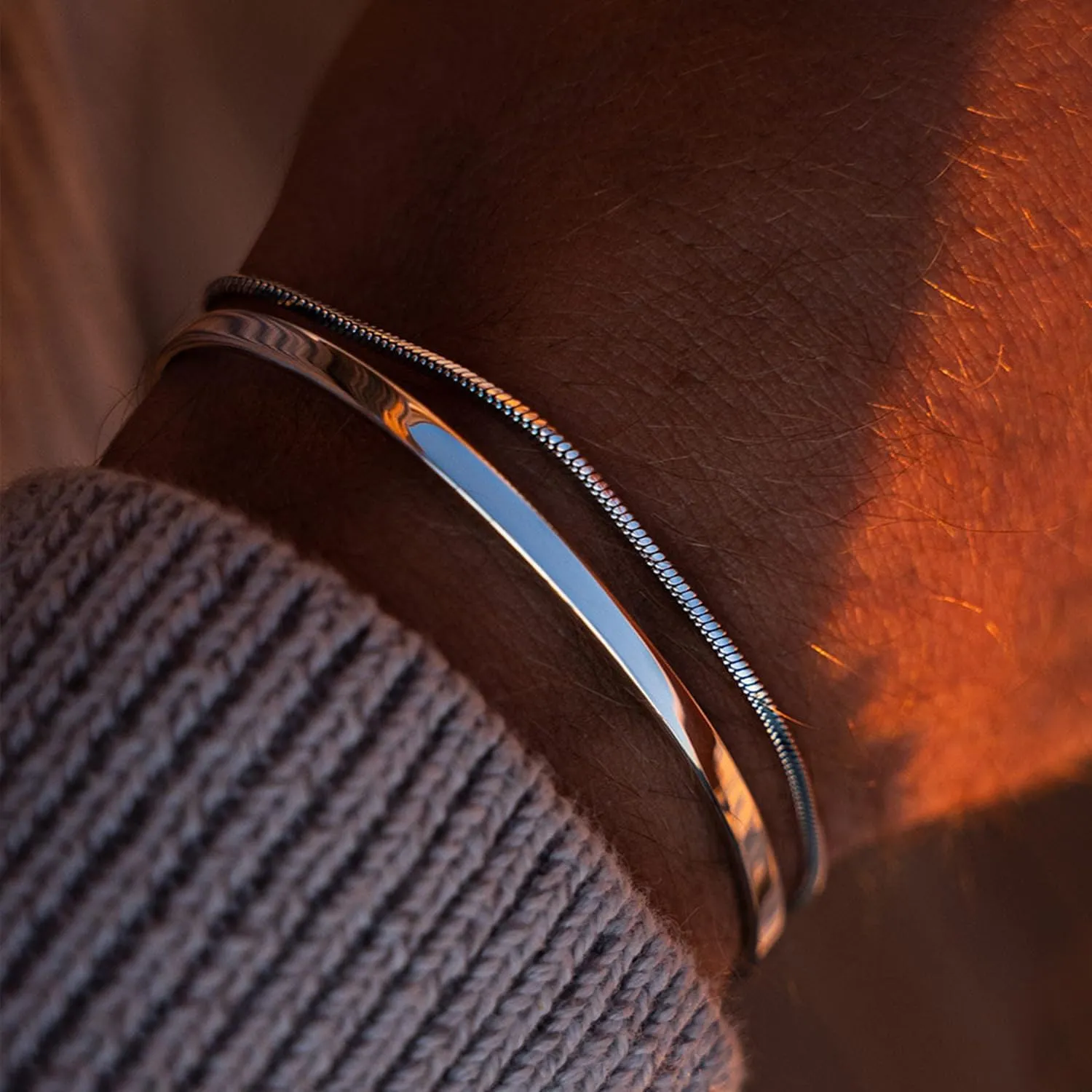 Moodear Stackable Bracelets for Men - Dainty 925 Sterling Silver/14K Gold Plated Cuff Snake Box Cuban Link Chain Bangle Bracelet Set Mens Jewelry