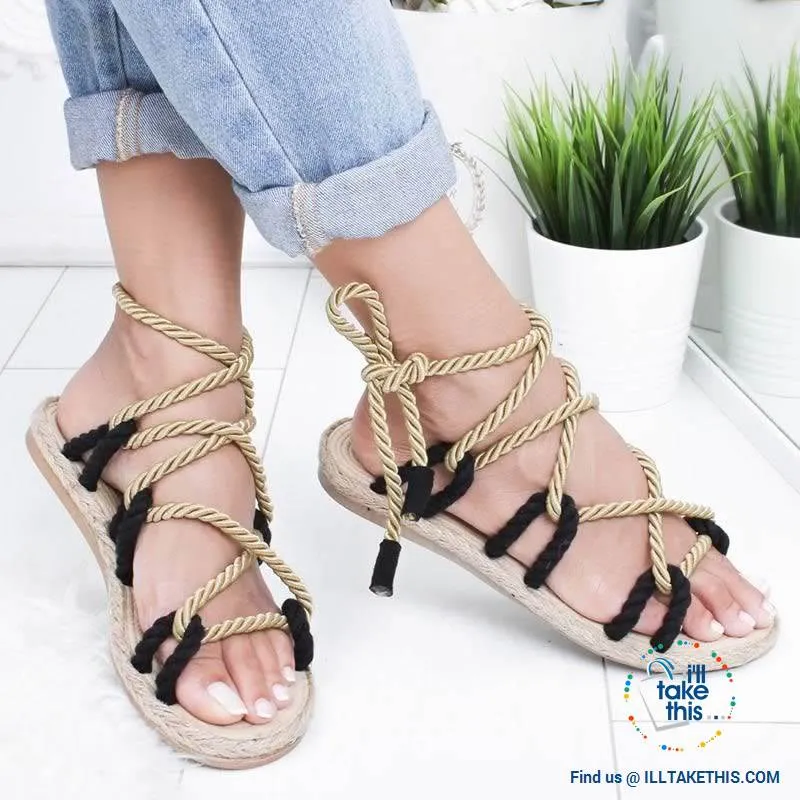 Natural Hemp Rope style Women's Flat Sandals, Flip flops - 6 Color Options