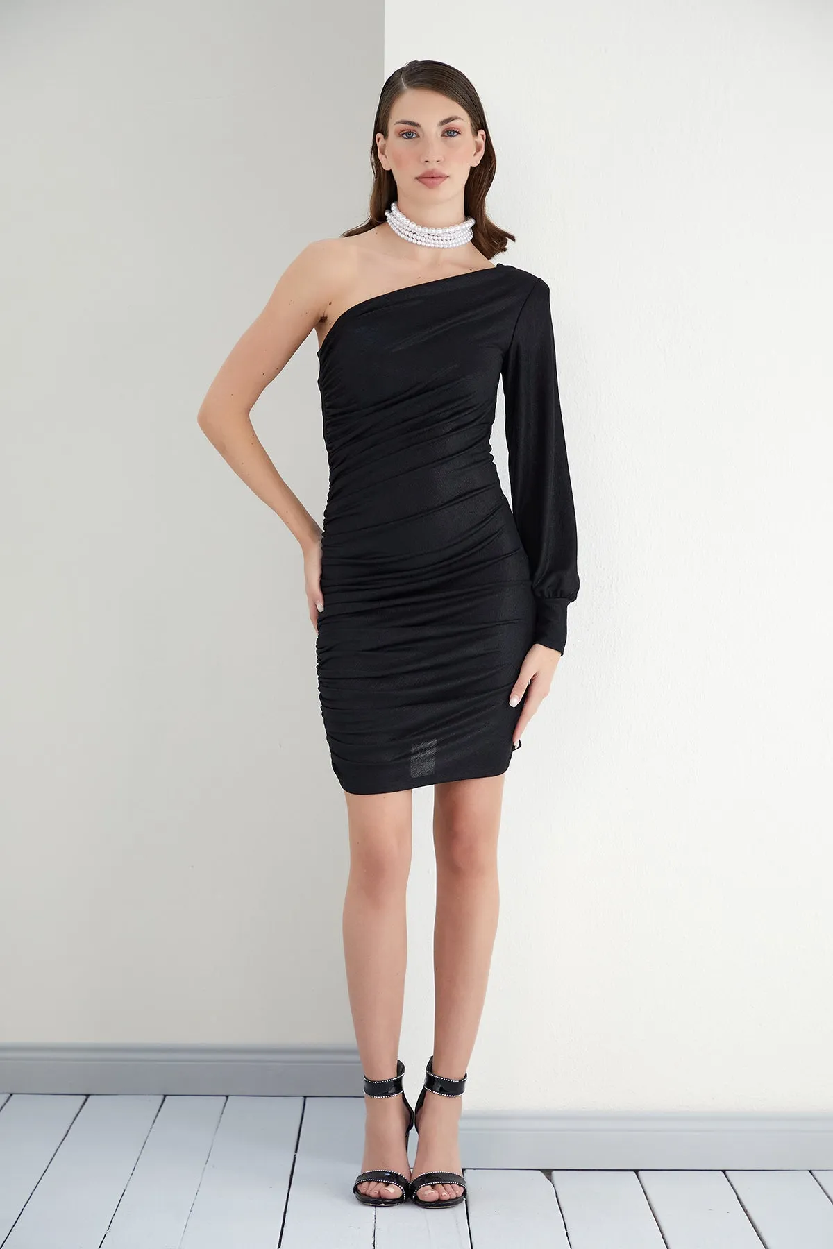 Noir Nocturne One Shoulder Shimmer Mini Dress