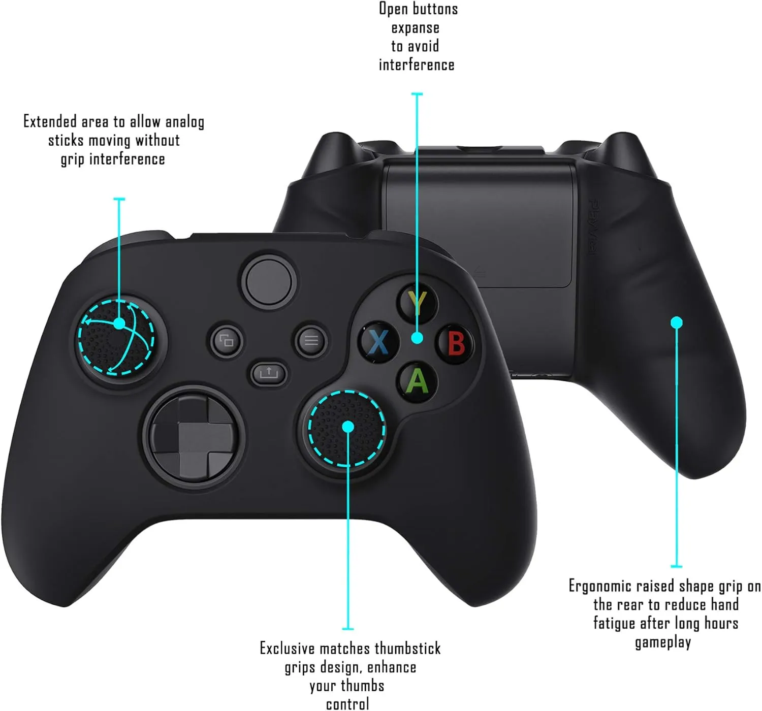 PlayVital Black Pure Series Anti-Slip Silicone Cover Skin for Xbox Series X Controller, Soft Rubber Case Protector for Xbox Core Wireless Controller with Black Thumb Grip Caps