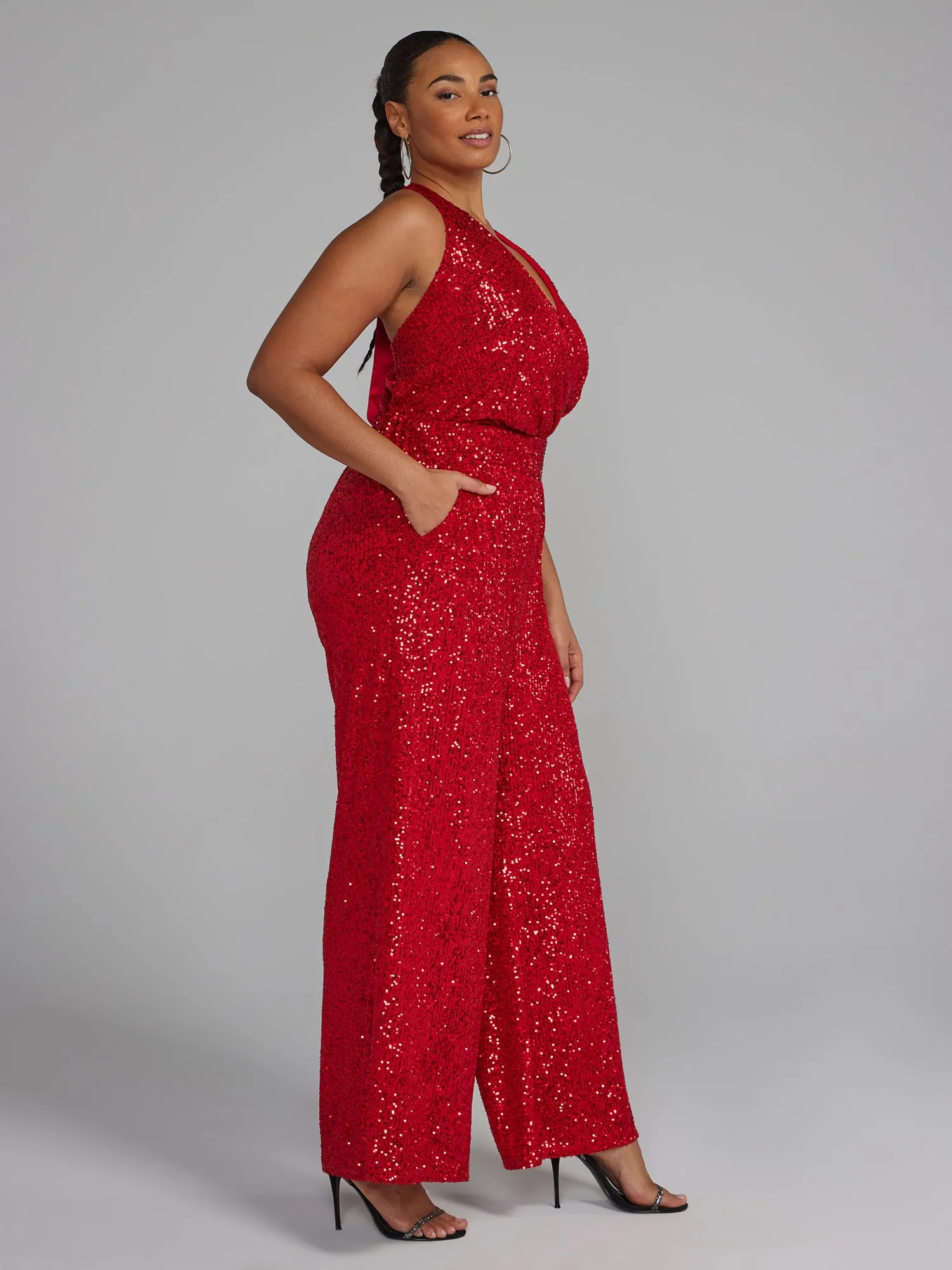 Plus V-Neck Sequin Jumpsuit
