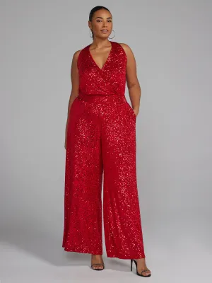 Plus V-Neck Sequin Jumpsuit