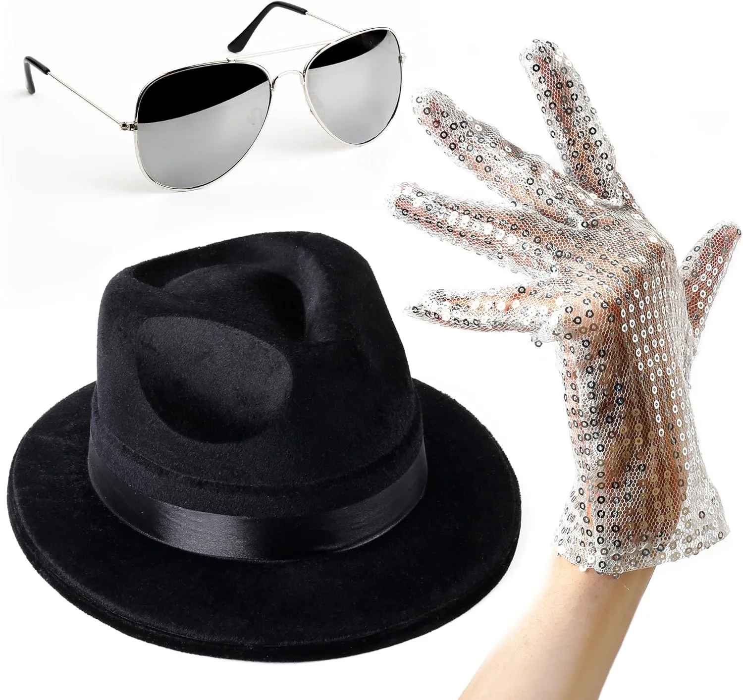 Pop King Jackson Costume - Unisex 3 Piece - M-J Sequin Gloves, Black Fedora Hat and Silver Aviator Sunglasses - 80s 90s Themed Halloween Cosplay Stage Party Outfit