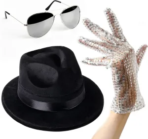 Pop King Jackson Costume - Unisex 3 Piece - M-J Sequin Gloves, Black Fedora Hat and Silver Aviator Sunglasses - 80s 90s Themed Halloween Cosplay Stage Party Outfit