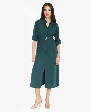Rareism Women Gellem Green Cotton Linen Fabric Regular Sleeves Collared Neck Solid Longline Dress