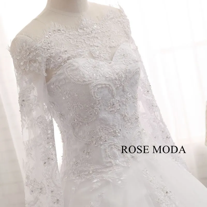 Rosemoda Sheer Cap Sleeve Bateau Neck Dropped A Line Wedding Dress