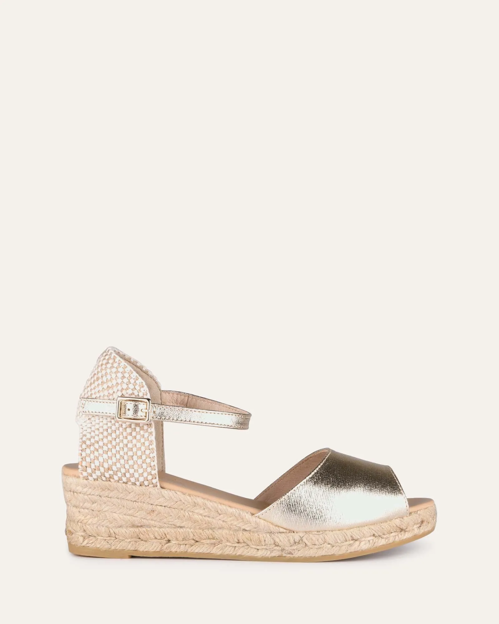 SANNA LOW HEEL WEDGE ESPADRILLE SANDALS GOLD LEATHER