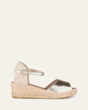 SANNA LOW HEEL WEDGE ESPADRILLE SANDALS GOLD LEATHER