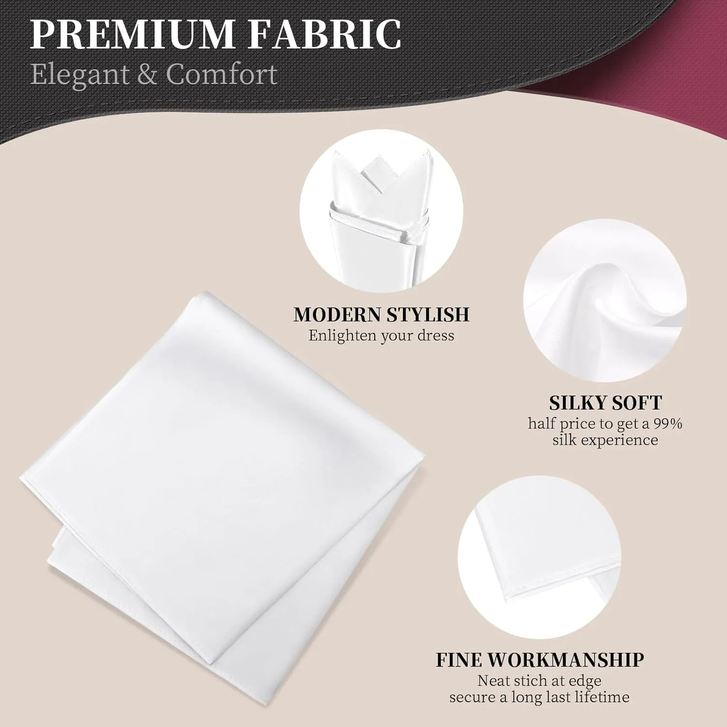 Satin Pocket Square for Men, Vegan Silk Suit Handkerchief