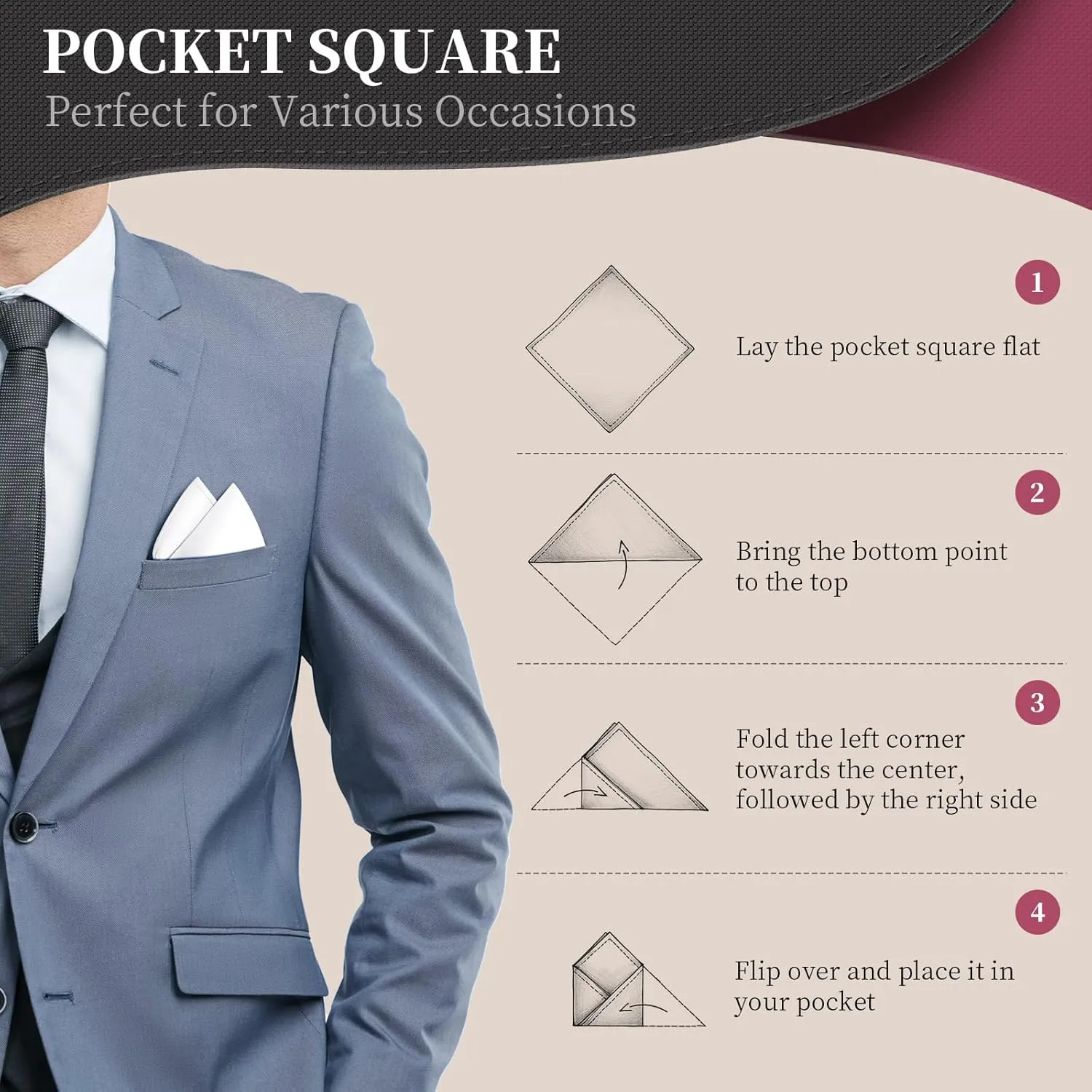 Satin Pocket Square for Men, Vegan Silk Suit Handkerchief