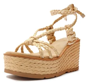 Schutz Geissa Light Beige Strappy Tie Up Wedge Heeled Platform Open Toe Sandals