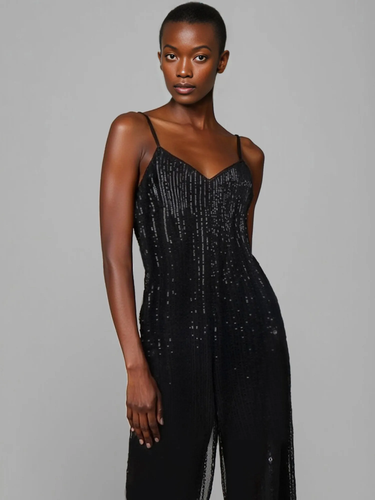 Sleeveless V-Neck Cami Sequin Jumpsuit