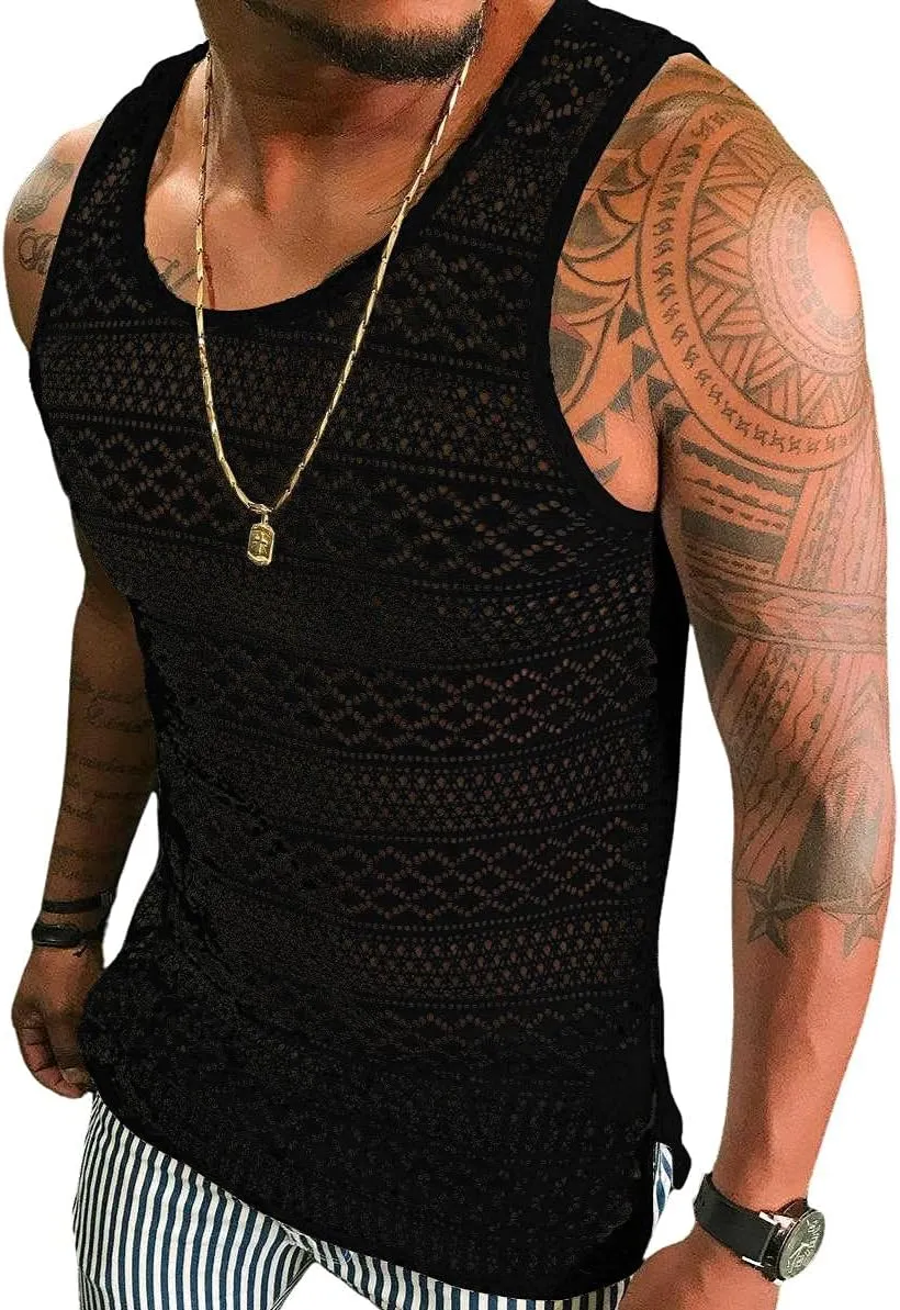 Syktkmx Mens See Through Vest Crewneck Sleeveless Tank Tops Muscle Sexy Mesh Shirts