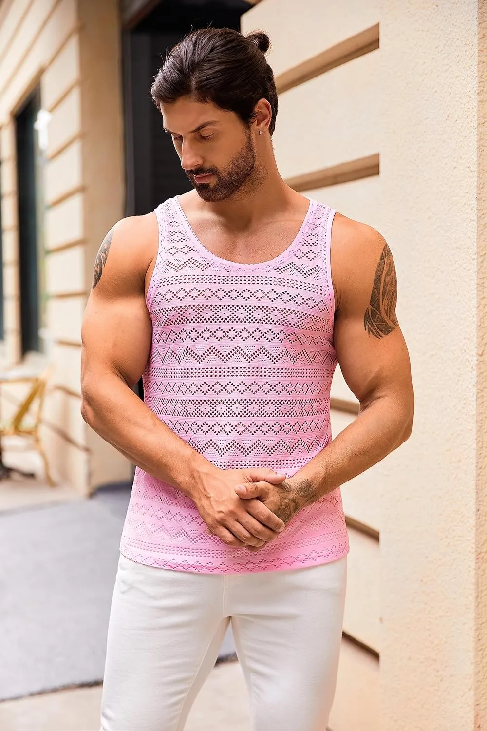 Syktkmx Mens See Through Vest Crewneck Sleeveless Tank Tops Muscle Sexy Mesh Shirts