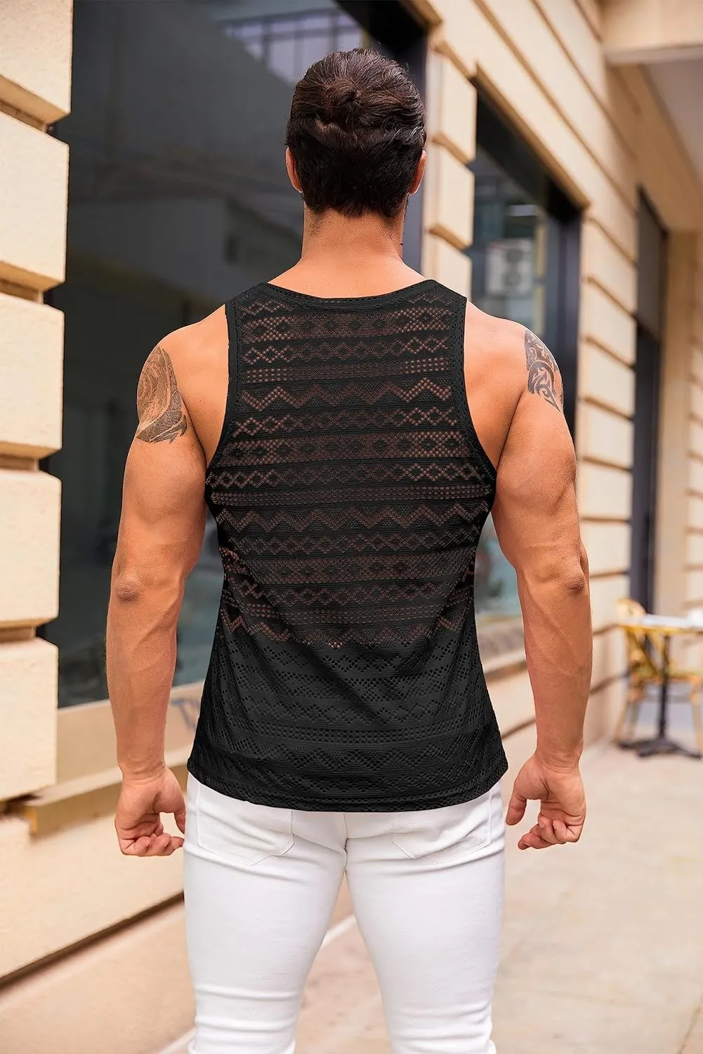 Syktkmx Mens See Through Vest Crewneck Sleeveless Tank Tops Muscle Sexy Mesh Shirts