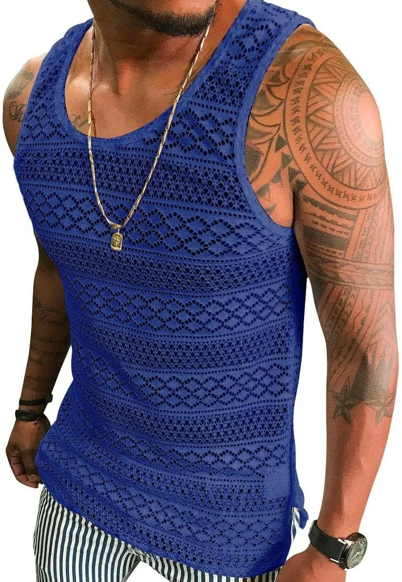 Syktkmx Mens See Through Vest Crewneck Sleeveless Tank Tops Muscle Sexy Mesh Shirts