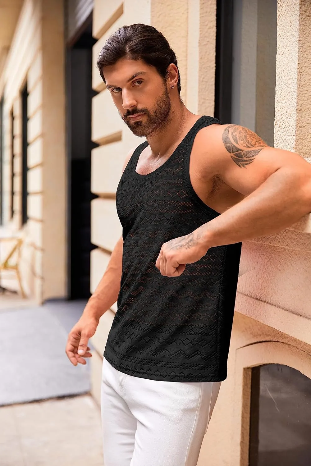 Syktkmx Mens See Through Vest Crewneck Sleeveless Tank Tops Muscle Sexy Mesh Shirts