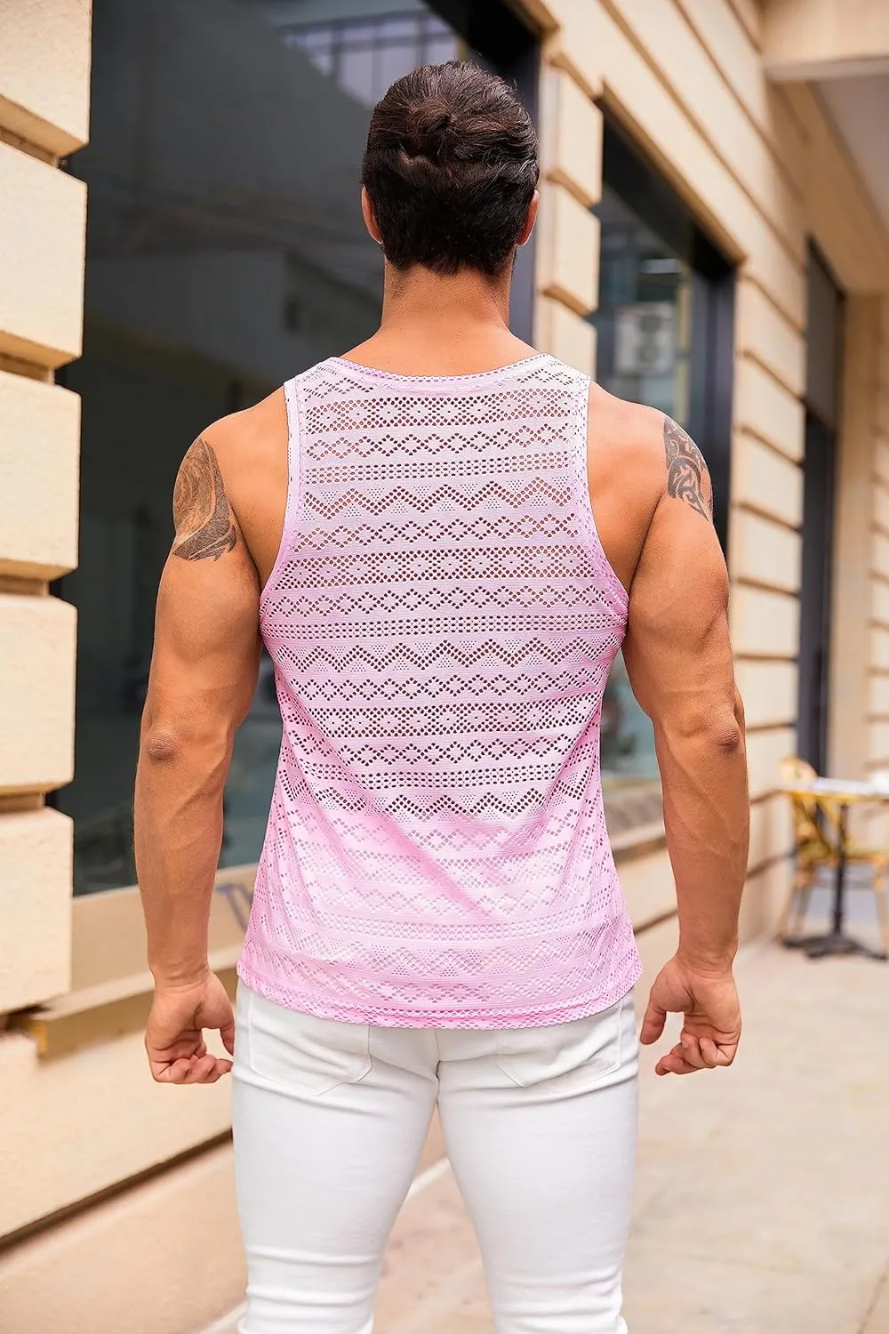 Syktkmx Mens See Through Vest Crewneck Sleeveless Tank Tops Muscle Sexy Mesh Shirts