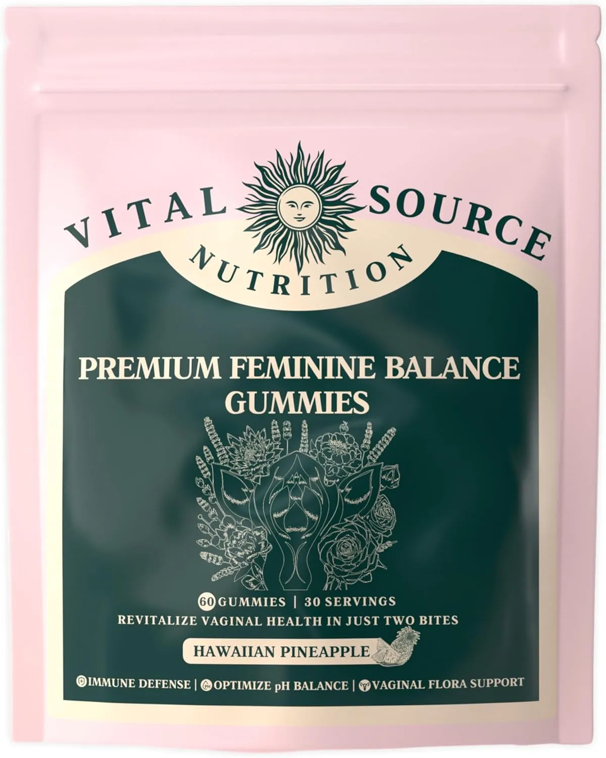 Vital Source Nutrition - Premium Feminine Balance Gummies - for Womens Health & Wellness - Immune Support - Vegan, Gluten-Free - Hawaiian Pineapple - 60 Gummies - 30 Servings