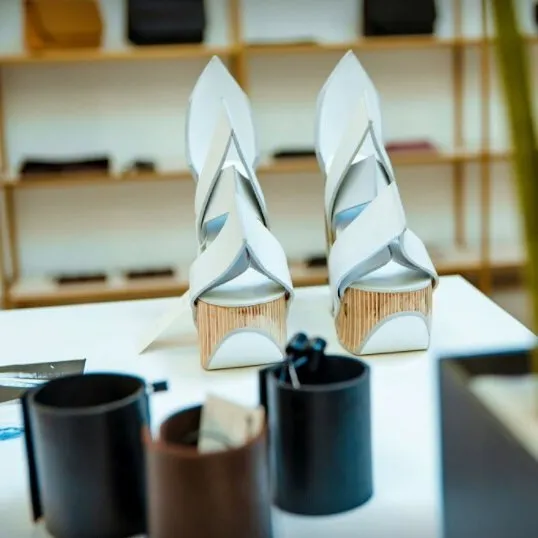 White  Leather and Birch Wood Heels