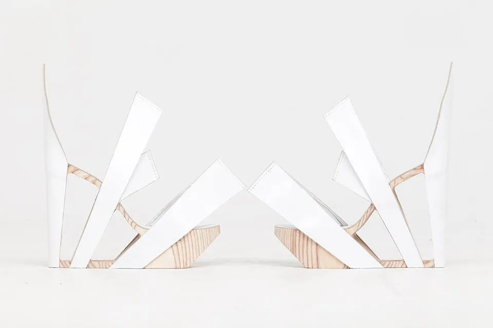 White  Leather and Birch Wood Heels