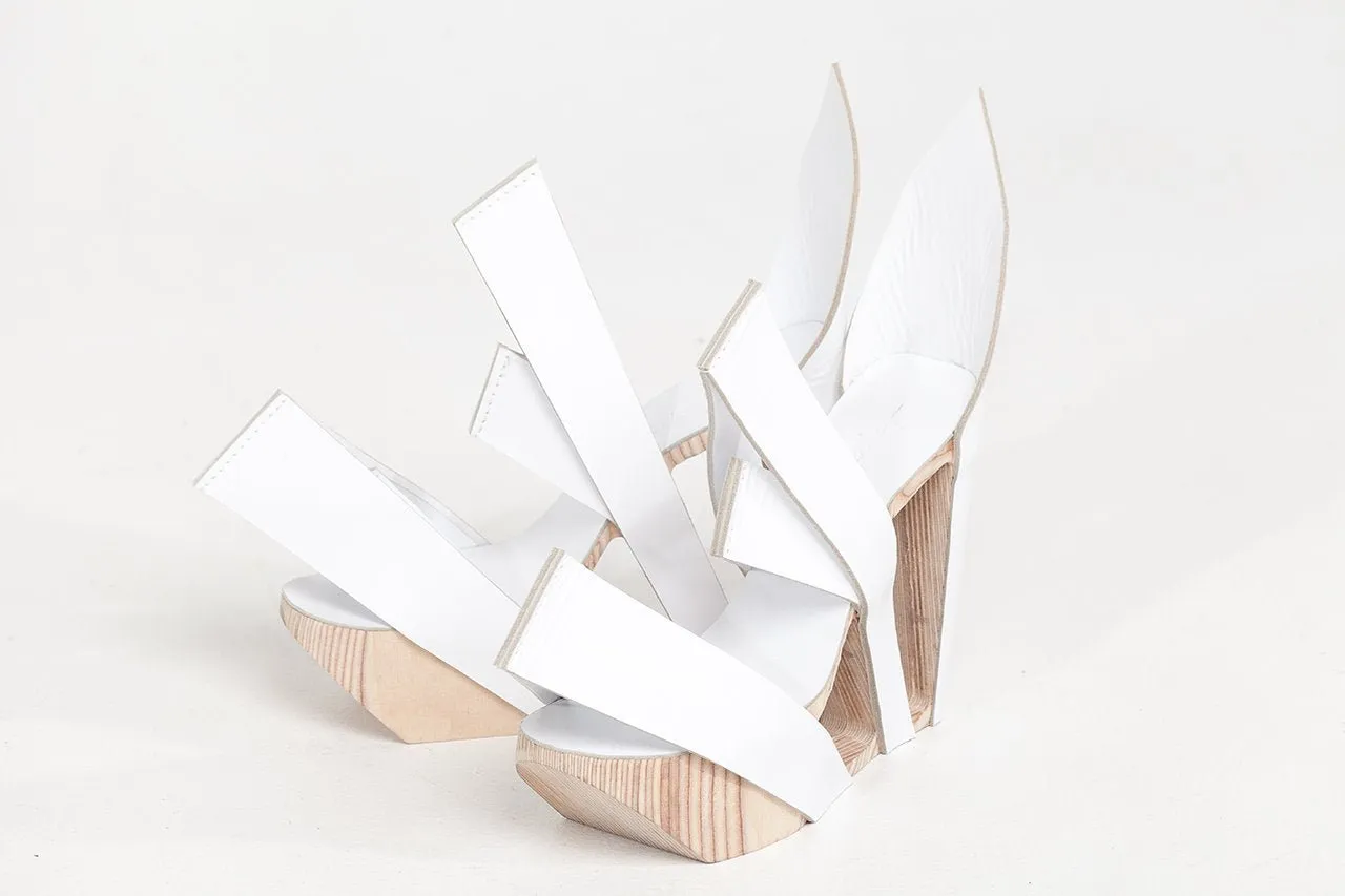 White  Leather and Birch Wood Heels
